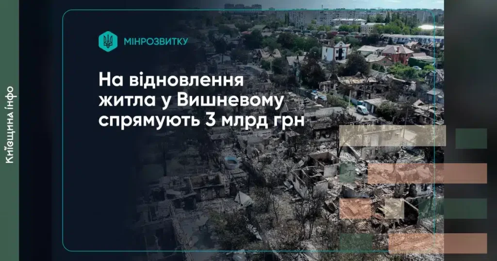 Уряд спрямує понад 3 млрд грн на відновлення житла та інфраструктури у Вишневому після російської атаки